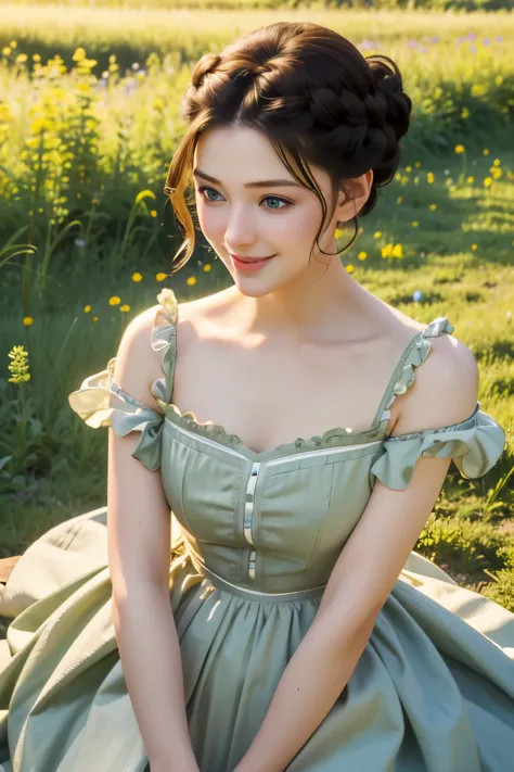 ((masterpiece, best quality))
 asa ebi, 1 woman, alone, brown hair, green eyes, hair updo, in a wildflower field, wearing a flow...