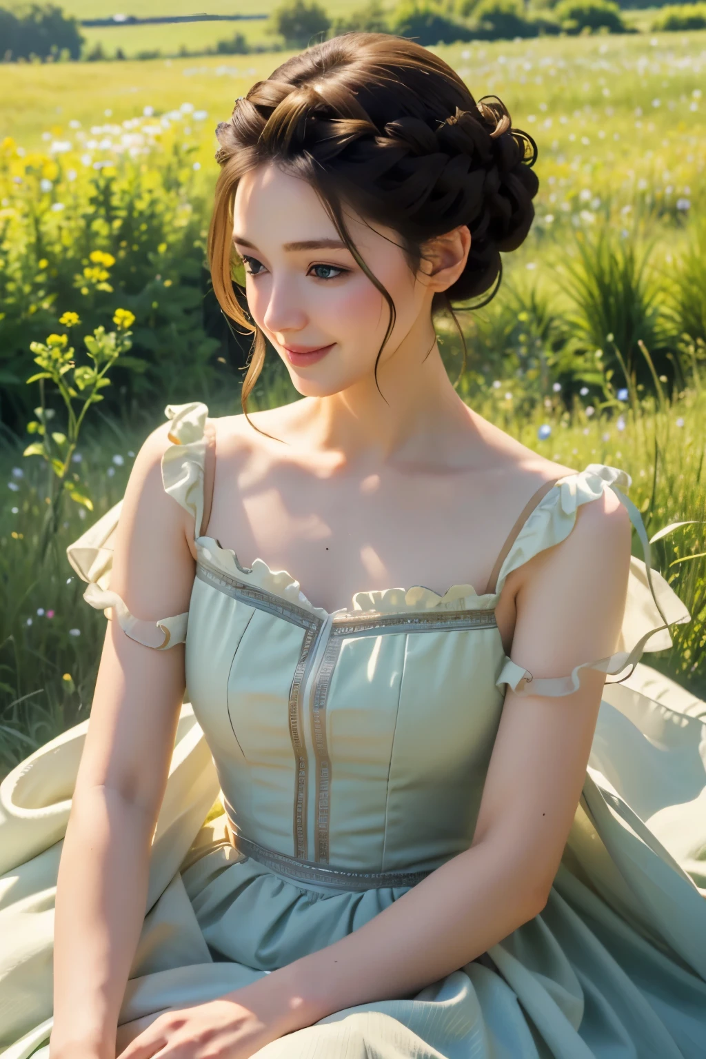 ((masterpiece, best quality))
 Asa Ebi, 1 woman, alone, brown hair, green eyes, hair updo, in a wildflower field, wearing a flowing dress, smiling