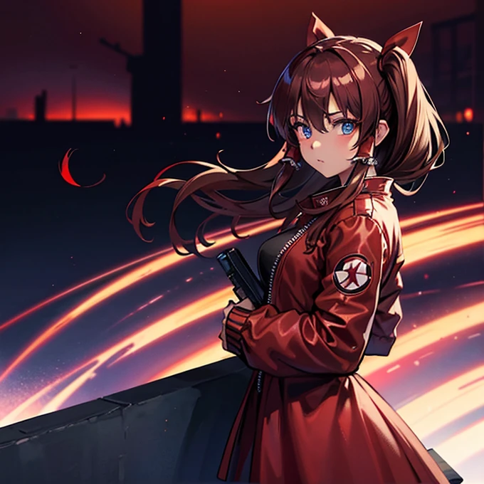 1 girl, Reimu Hakurie, touhou, masterpeice, brown hair, glowing blue eyes, glowing eyes, red eyeliner, alternate costume, red bomber jacket, cyber punk art style, cyber punk background