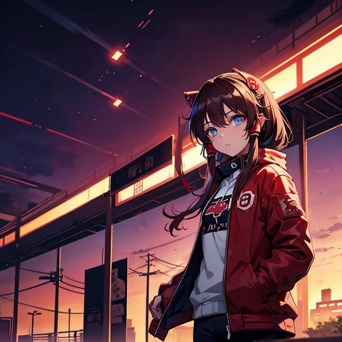 1 girl, Reimu Hakurie, touhou, masterpeice, brown hair, neon blue eyes, glowing eyes, red eyeliner, alternate costume, red bomber jacket, cyber punk art style, cyber punk background