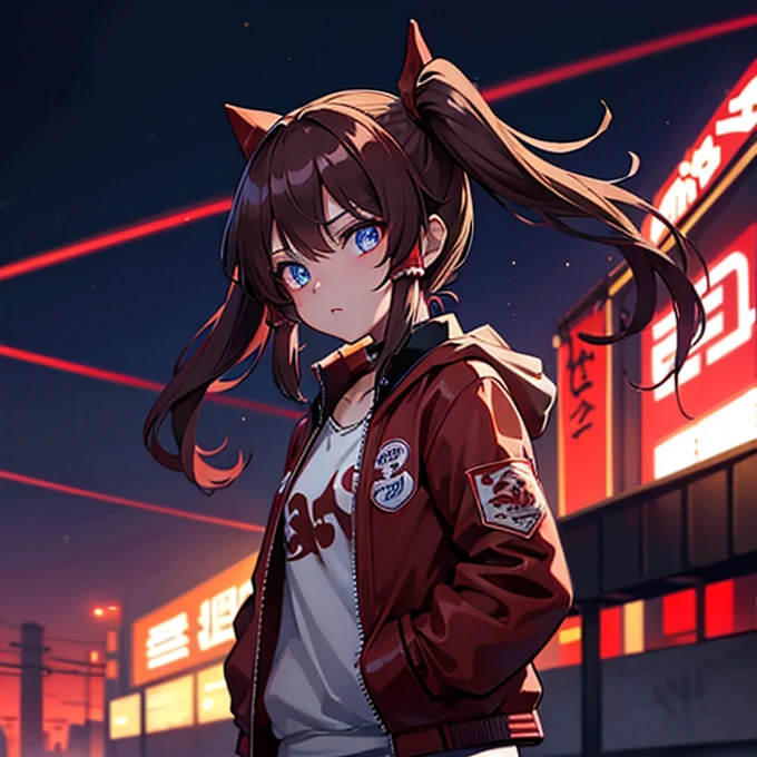 1 girl, Reimu Hakurie, touhou, masterpeice, brown hair, neon blue eyes, glowing eyes, red eyeliner, alternate costume, red bomber jacket, cyber punk art style, cyber punk background