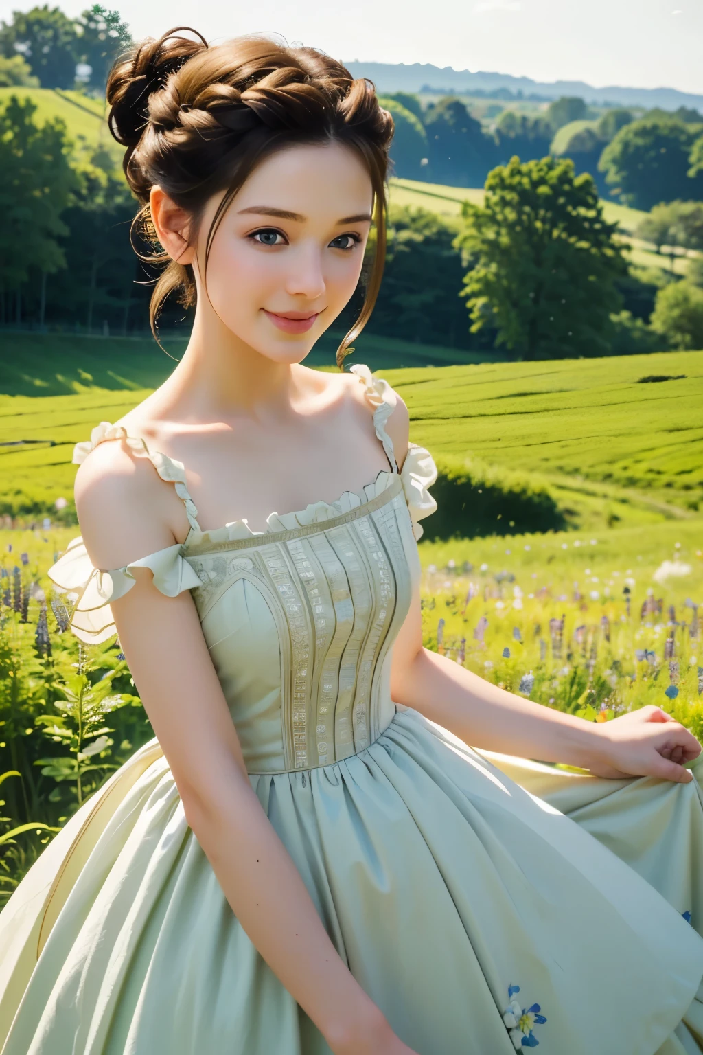 ((masterpiece, best quality))
 Asa Ebi, 1 woman, alone, brown hair, green eyes, hair updo, in a wildflower field, wearing a flowing dress, smiling