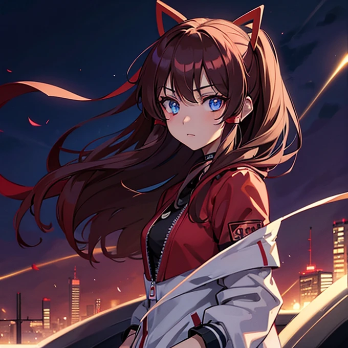 1 girl, Reimu Hakurie, touhou, masterpeice, brown hair, neon blue eyes, glowing eyes, red eyeliner, alternate costume, red bomber jacket, cyber punk art style, cyber punk background