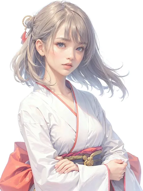 (((1 girl)))，masterpiece，highest quality，Realistic，Upper Body，Long Hair，Gray Hair，Skin Texture、Beautiful Japanese Kimono、、The he...