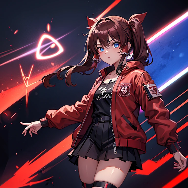 1 girl, Reimu Hakurie, touhou, masterpeice, brown hair, neon blue eyes, glowing eyes, red eyeliner, alternate costume, red bomber jacket, cyber punk art style, cyber punk background