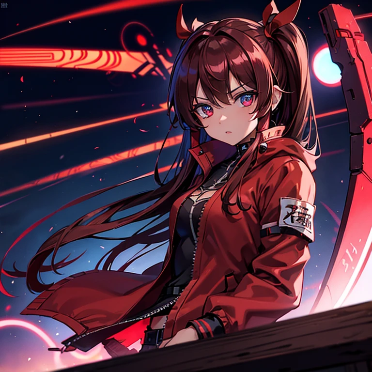 1 girl, Reimu Hakurie, touhou, masterpeice, brown hair, neon blue eyes, glowing eyes, red eyeliner, alternate costume, red bomber jacket, cyber punk art style, cyber punk background