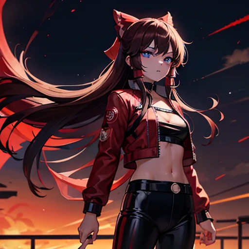 1 girl, Reimu Hakurie, touhou, masterpeice, brown hair, neon blue eyes, glowing eyes, red eyeliner, alternate costume, red bomber jacket, dark red tight leather pants, cyber punk art style, cyber punk background