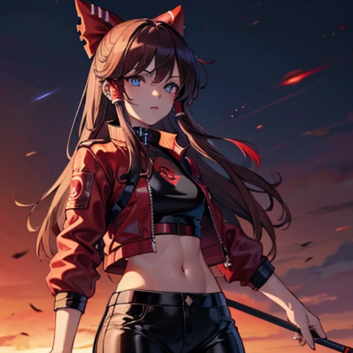 1 girl, Reimu Hakurie, touhou, masterpeice, brown hair, neon blue eyes, glowing eyes, red eyeliner, alternate costume, red bomber jacket, dark red tight leather pants, cyber punk art style, cyber punk background