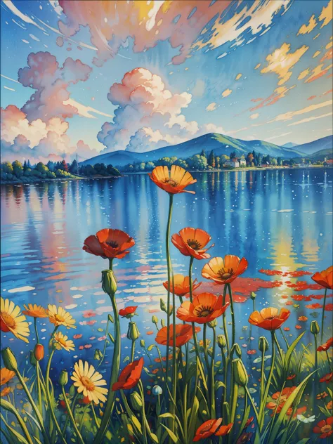 a painting of red and yellow flowers in front of a body of water, a pointillism painting, poppies, detailed watercolor painting,...