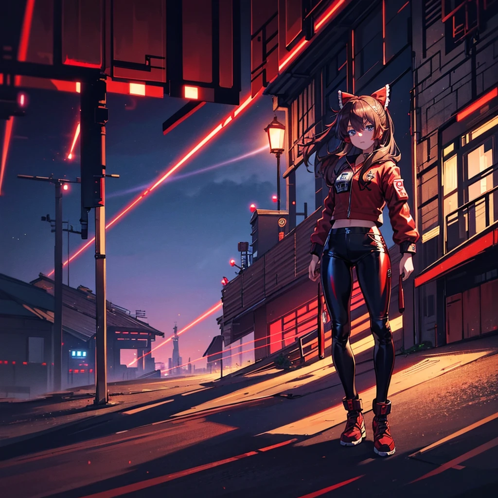 1 girl, Reimu Hakurie, touhou, masterpeice, brown hair, neon blue eyes, glowing eyes, red eyeliner, alternate costume, red bomber jacket, dark red tight leather pants, cyber punk art style, cyber punk background