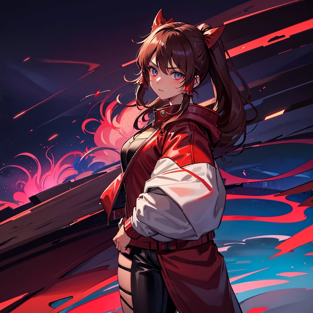 1 girl, Reimu Hakurie, touhou, masterpeice, brown hair, neon blue eyes, glowing eyes, red eyeliner, alternate costume, red bomber jacket, dark red tight leather pants, cyber punk art style, cyber punk background