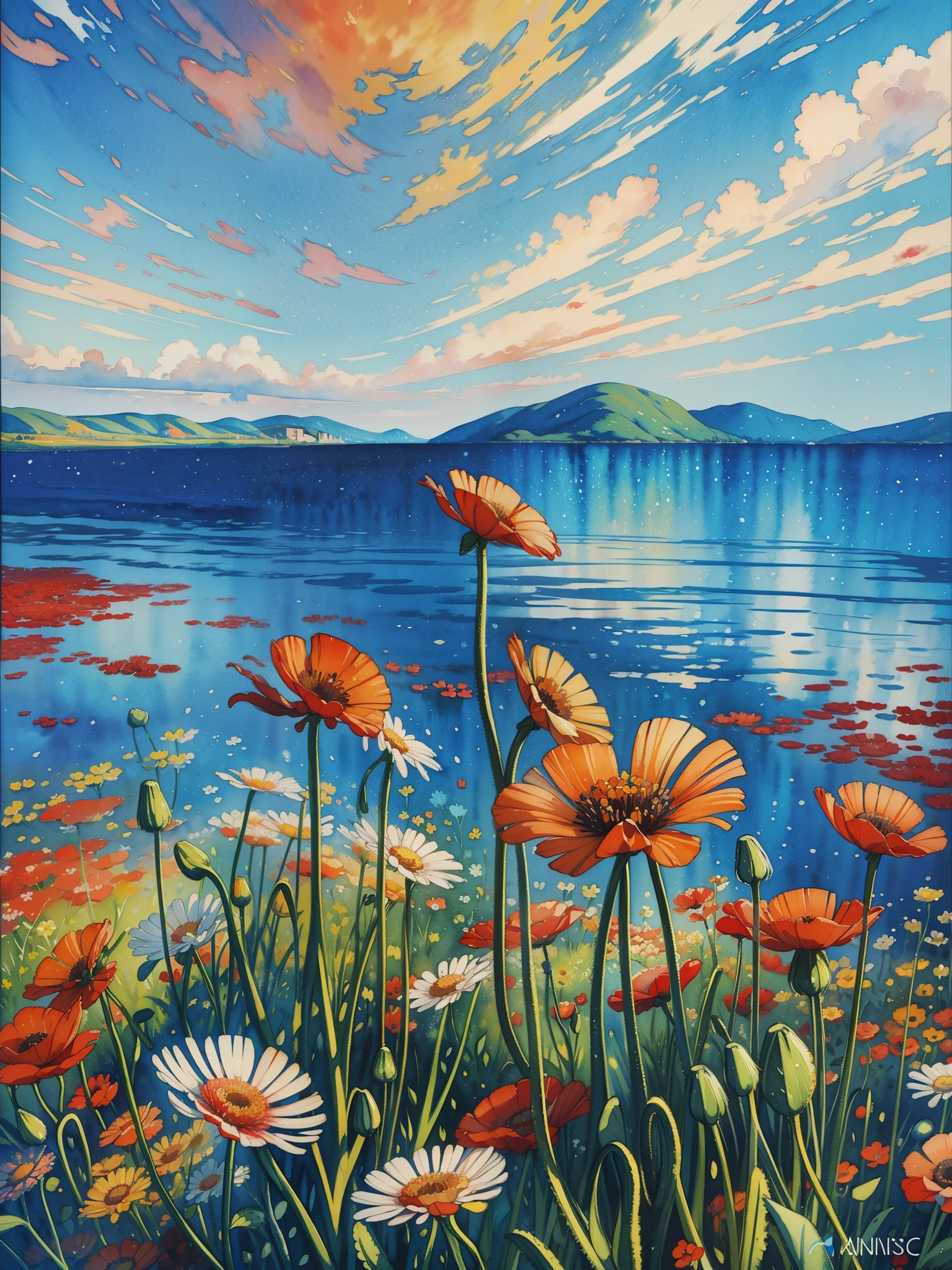 a painting of red and yellow flowers in front of a body of water, a pointillism painting, poppies, detailed watercolor painting, daisies and poppies, watercolors on canvas, romanticism landscape painting, by Anne Dunn, floral splash painting, painting on silk, highly detailed water colour 8k, highly detailed water colour 8 k, watercolor landscape, a watercolor painting