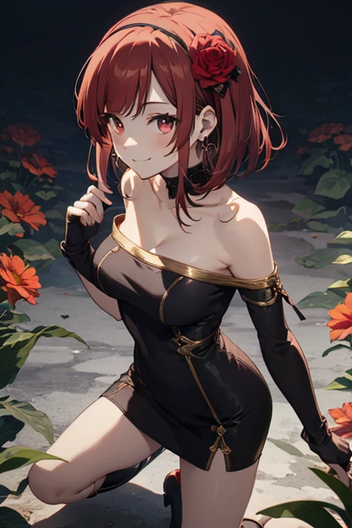 Anime style beutiful woman, 1girl,fullbody, happy, (with sparkling eyes and a contagious smile:1.2), red face, closed mouth, beautiful detailed eyes, super detailed skin, backlighting, bare shoulders, black background, black dress, black gloves, black hair, breasts, dress, earrings, fingerless gloves, floating hair, floral print, flower, gloves, gold earrings, gold hairband, hair flower, hair ornament, hairband, holding, holding weapon, jewelry, large breasts, long hair, looking at viewer, off-shoulder dress, off shoulder,red eyes, short hair with long locks, sidelocks, solo, spikes, thighs, two-sided dress, two-sided fabric, weapon, fighting stance , face, close up, from above, highest quality, high resolution,Real World, Natural light,perfect Natural light,looking at viewer,