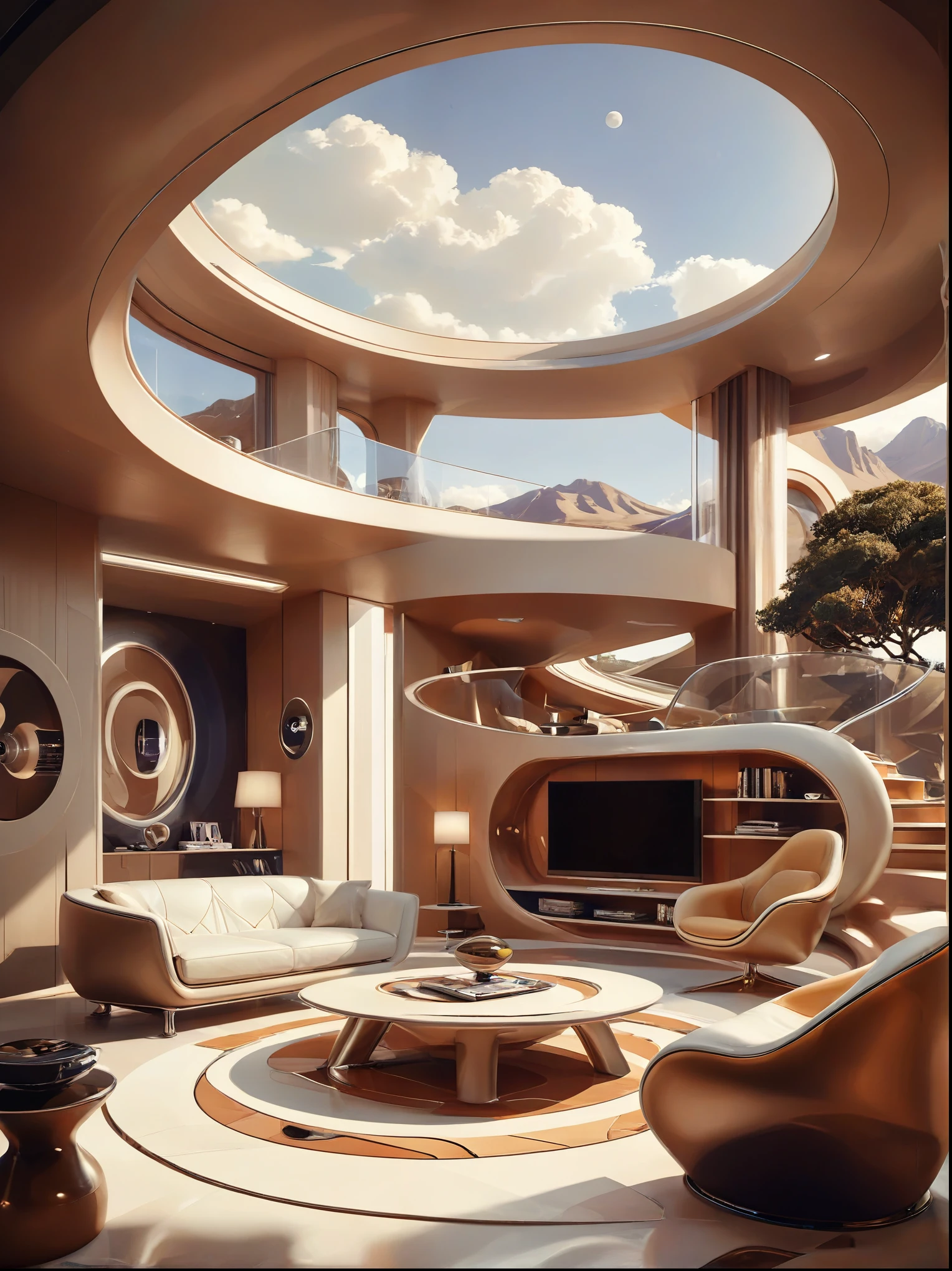 未来家居的客厅书房概念融合了有机流动性、圆形和几何形状，并运用艺术想象力来渲染房屋和风景, 