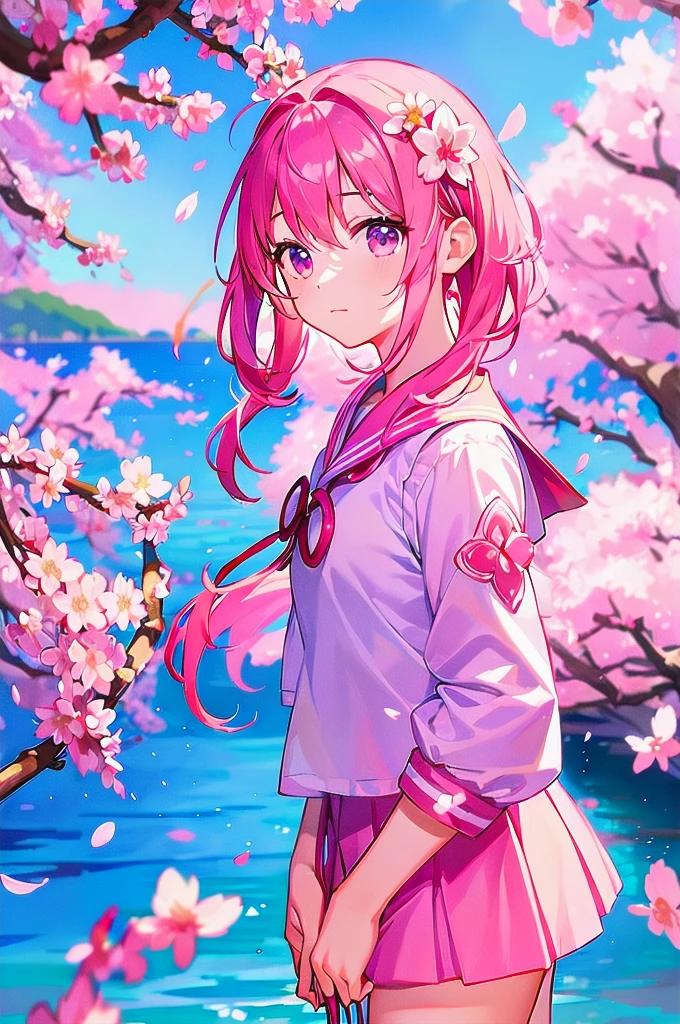 master peace, 1girl, solo, hair between eyes, closed mouth, standing, flower, outdoors, sky, cloud, tree, petals, floating hair, cherry blossoms, pink flower, (sailor suit), (((face focus))), (((looking at another))), (sakura effect:1.4)