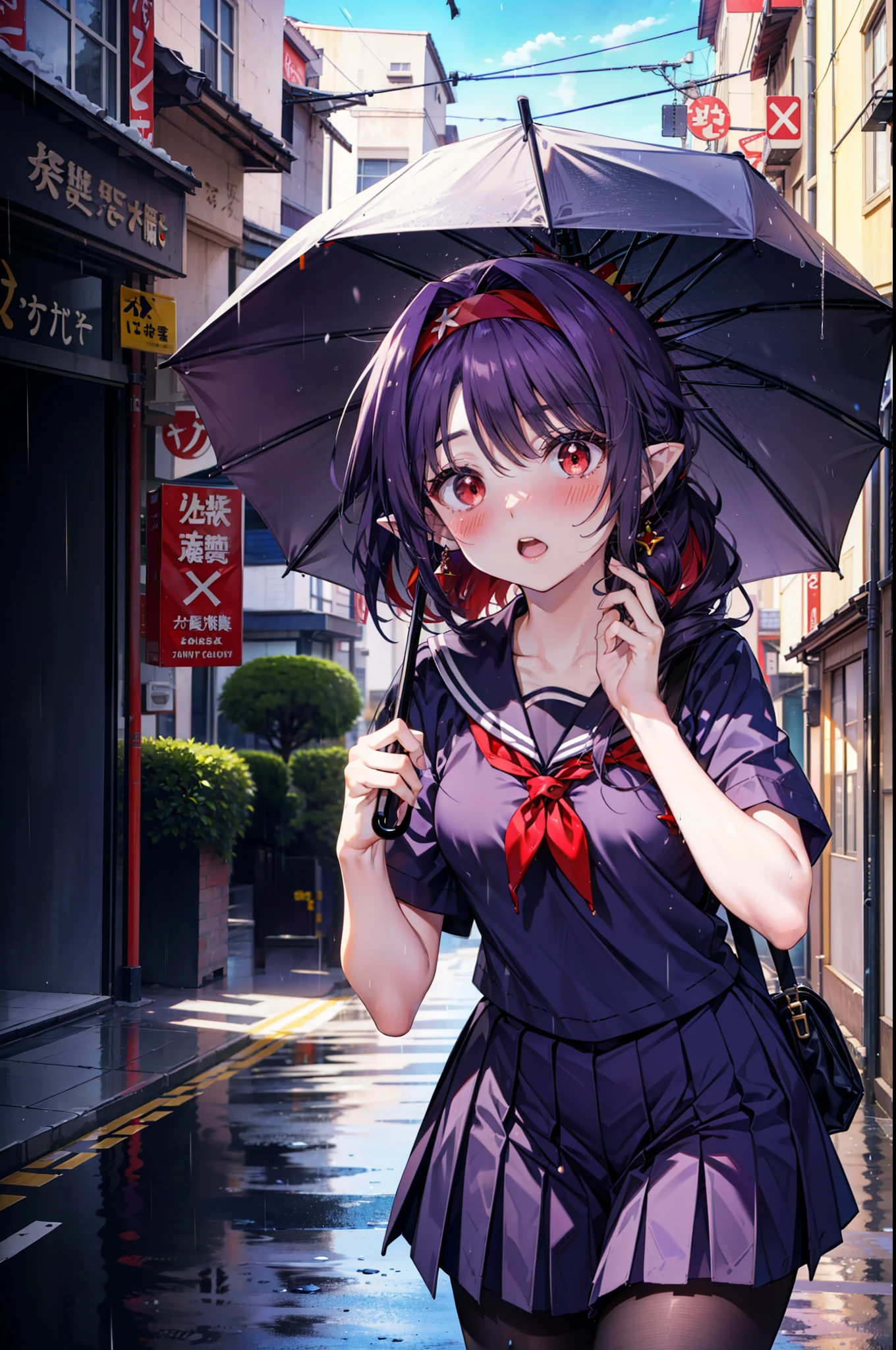 yuukikonno, Yuki Konno, hair band, Long Hair, Pointy Ears, Purple Hair,blush, Embarrassing,(Red eyes:1.5), (Small breasts:1.2), Open your mouth, uniform(Black sailor suit),Short sleeve,Black pleated skirt,black tights,Brown Loafers,rain,cloudy,umbrella,whole bodyがイラストに入るように,
break looking at viewer,  whole body,
break outdoors, city,Building Street,
break (masterpiece:1.2), highest quality, High resolution, unity 8k wallpaper, (shape:0.8), (Fine and beautiful eyes:1.6), Highly detailed face, Perfect lighting, Highly detailed CG, (Perfect hands, Perfect Anatomy),