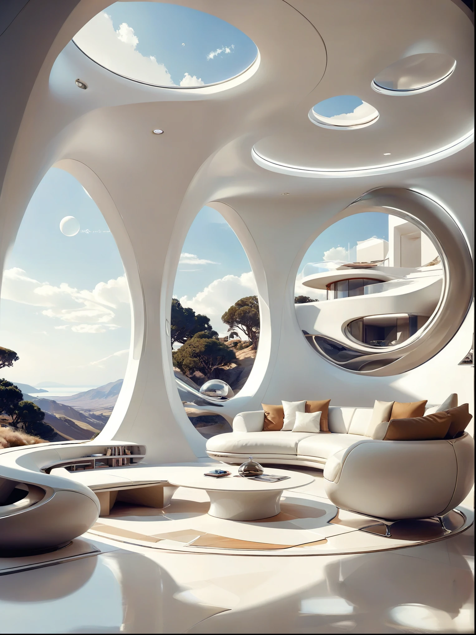 未來家居的客廳研究概念融合了有機流動性、圓形和幾何形狀，並運用藝術想像力渲染房屋和風景, 純白科技風格，寬敞的室內空間