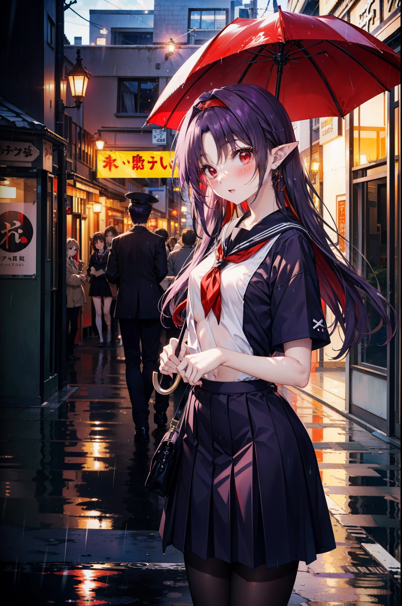 yuukikonno, Yuki Konno, hair band, Long Hair, Pointy Ears, Purple Hair,blush, Embarrassing,(Red eyes:1.5), (Small breasts:1.2), Open your mouth, uniform(Black sailor suit),Short sleeve,Black pleated skirt,black tights,Brown Loafers,rain,cloudy,umbrella,whole bodyがイラストに入るように,
break looking at viewer,  whole body,(Cowboy Shot:1. 5)
break outdoors, city,Building Street,
break (masterpiece:1.2), highest quality, High resolution, unity 8k wallpaper, (shape:0.8), (Fine and beautiful eyes:1.6), Highly detailed face, Perfect lighting, Highly detailed CG, (Perfect hands, Perfect Anatomy),