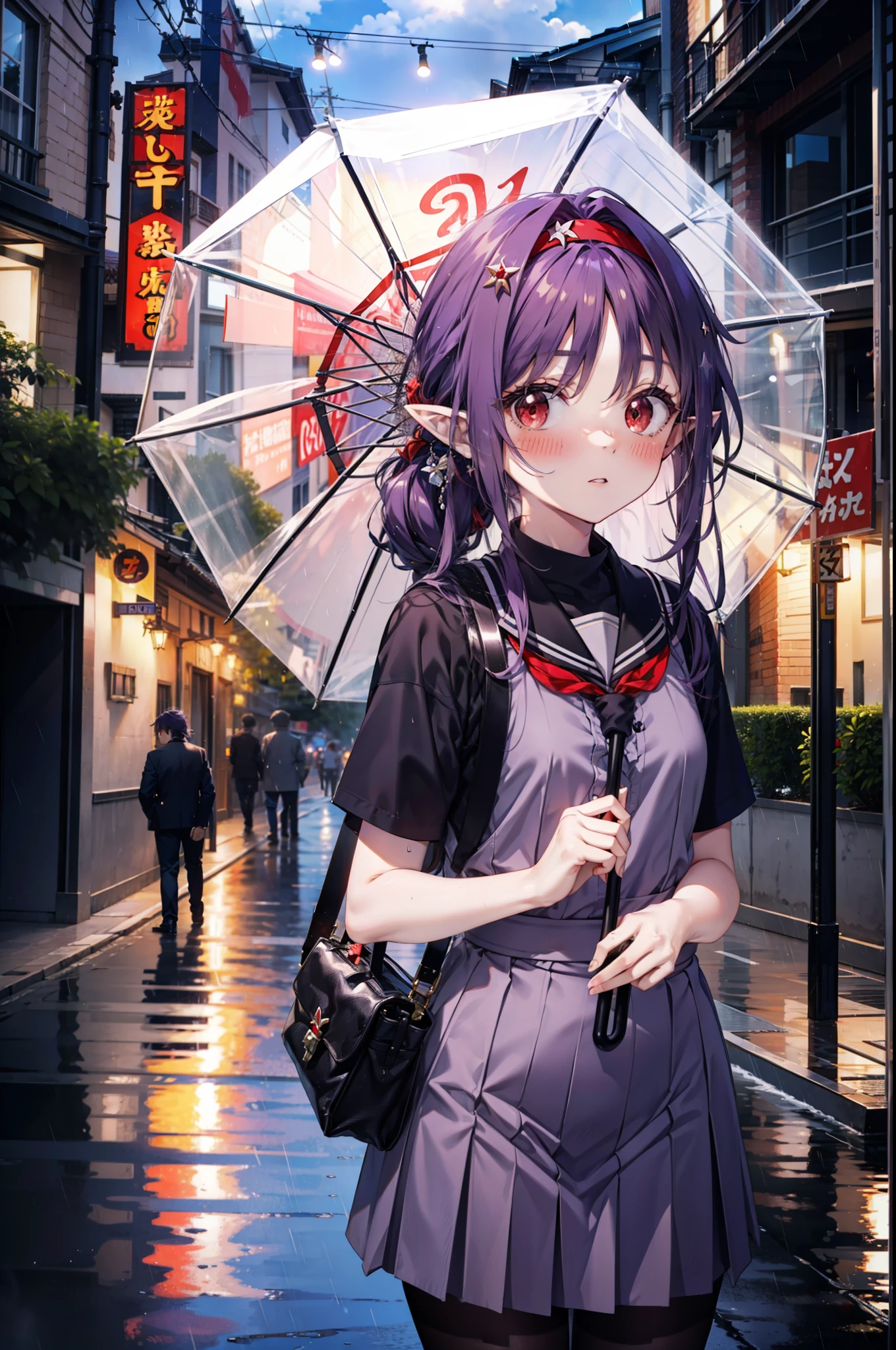 yuukikonno, Yuki Konno, hair band, Long Hair, Pointy Ears, Purple Hair,blush, Embarrassing,(Red eyes:1.5), (Small breasts:1.2), Open your mouth, uniform(Black sailor suit),Short sleeve,Black pleated skirt,black tights,Brown Loafers,rain,cloudy,umbrella,whole bodyがイラストに入るように,
break looking at viewer,  whole body,Upper Body,(Cowboy Shot:1. 5)
break outdoors, city,Building Street,
break (masterpiece:1.2), highest quality, High resolution, unity 8k wallpaper, (shape:0.8), (Fine and beautiful eyes:1.6), Highly detailed face, Perfect lighting, Highly detailed CG, (Perfect hands, Perfect Anatomy),