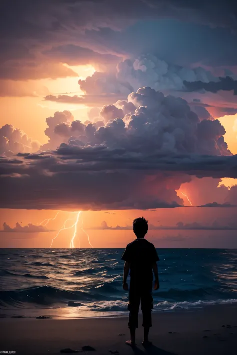 a young  boy silhouetted against a sunset over an atoll island, dark ominous electric storm clouds approaching with dramatic lig...