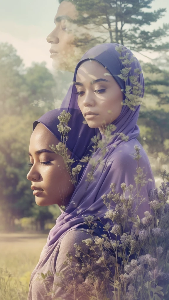 Combine a portrait of a Malay man and a malay girl in hijab with a serene natural lavender  landscape, creating a harmonious double exposure effect, double exposure drama poster style,