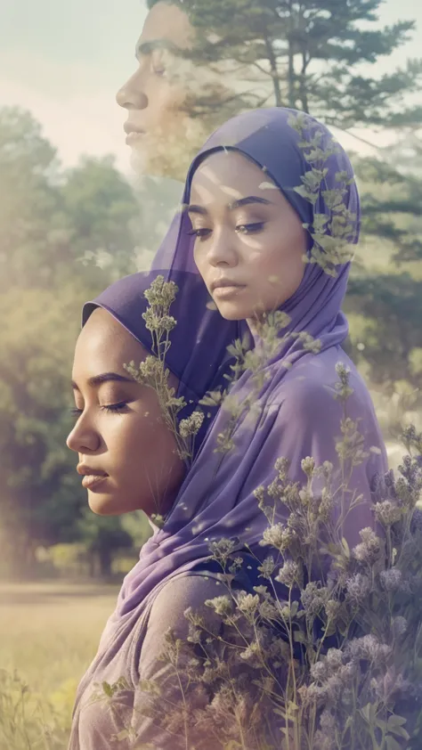 combine a portrait of a malay man and a malay girl in hijab with a serene natural lavender  landscape, creating a harmonious dou...