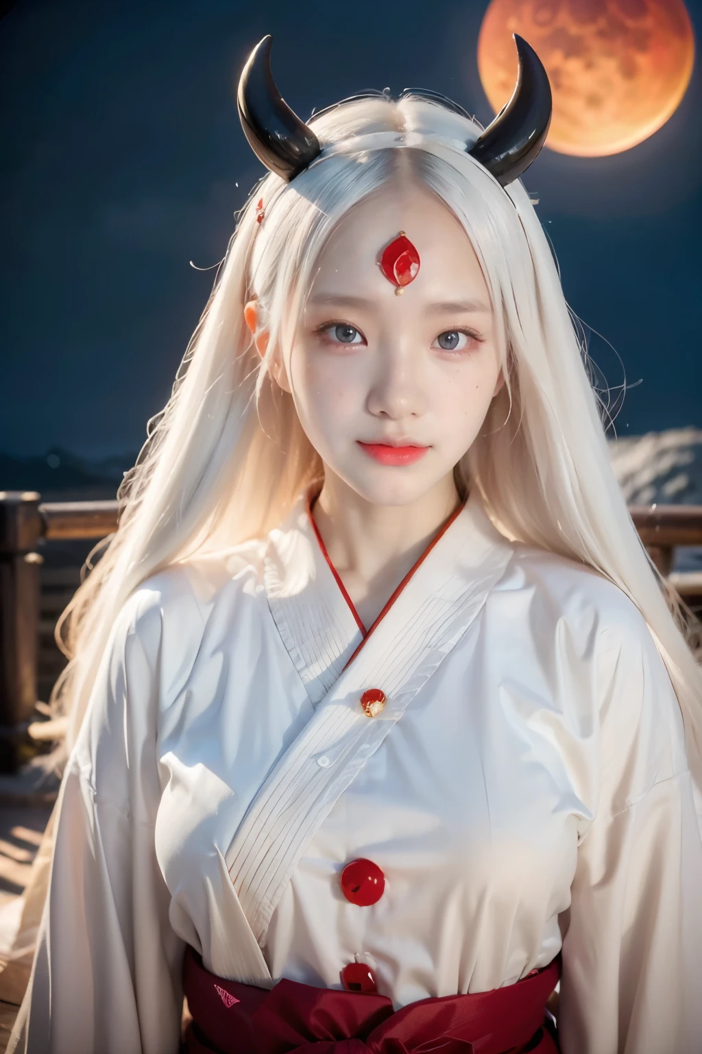 face lighting,bright backlight,super high resolution,best quality,Photos,4k,(Realistic:1.2),huiye,1girl,(kimono:1.1),(the third eye:1.3),horns,(pale skin:1.5),(white hair:1.2),long hair,(night:1.2),
(red moon:1.4),