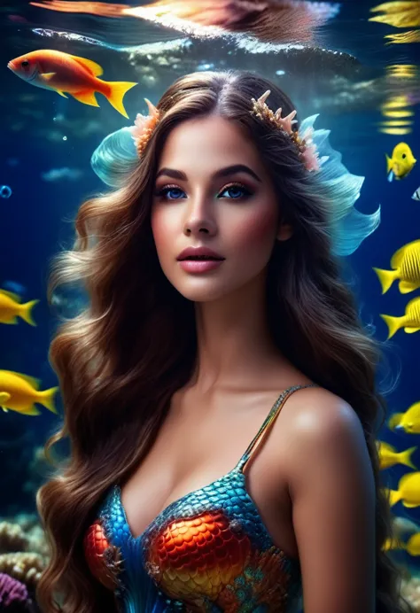 mermaid princess, beautiful detailed eyes, beautiful detailed lips, extremely detailed face and skin, long flowing hair, elegant...