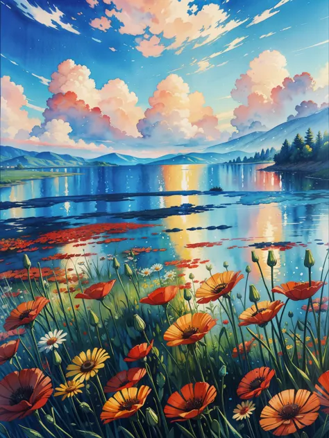 a painting of red and yellow flowers in front of a body of water, blue sky, cloudy, a pointillism painting, poppies, detailed wa...