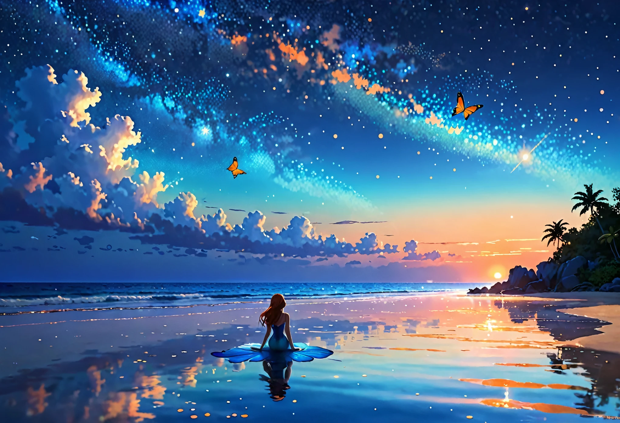 Meerjungfrau Schatten、　realistic、realistic、real、Das Hauptereignis ist die Morgensonne.、Kleines Flugzeug、kleiner Schmetterling、Sternenhimmel und Sonnenaufgang、Küste、Ein fantastischer flatternder Schmetterling、Im Bild spiegelt sich eine kleine Meerjungfrau,Digitales Gemälde einer Horizontlandschaft im Anime-Stil, Toll, atmosphärisch,Weiches und warmes Sonnenuntergangslicht aus niedriger Perspektive, Eine Palette sanfter Blau- und Orangetöne betont den Horizont,Eine Meerjungfrau und ein Schmetterling erscheinen klein im Hintergrund.、Sternenhimmel wartet auf den Start