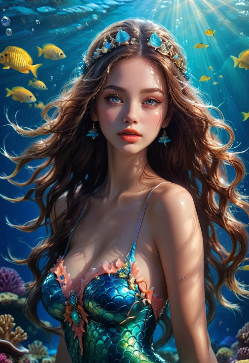 mermaid princess, beautiful detailed eyes, beautiful detailed lips, extremely detailed face and skin, long flowing hair, elegant pose, underwater scene, sunlight filtering through the water, coral reef, schools of tropical fish, soft glowing bioluminescent plankton, (best quality,4k,8k,highres,masterpiece:1.2),ultra-detailed,(realistic,photorealistic,photo-realistic:1.37),intricate detailed seascape, vibrant colors, dramatic lighting, cinematic composition