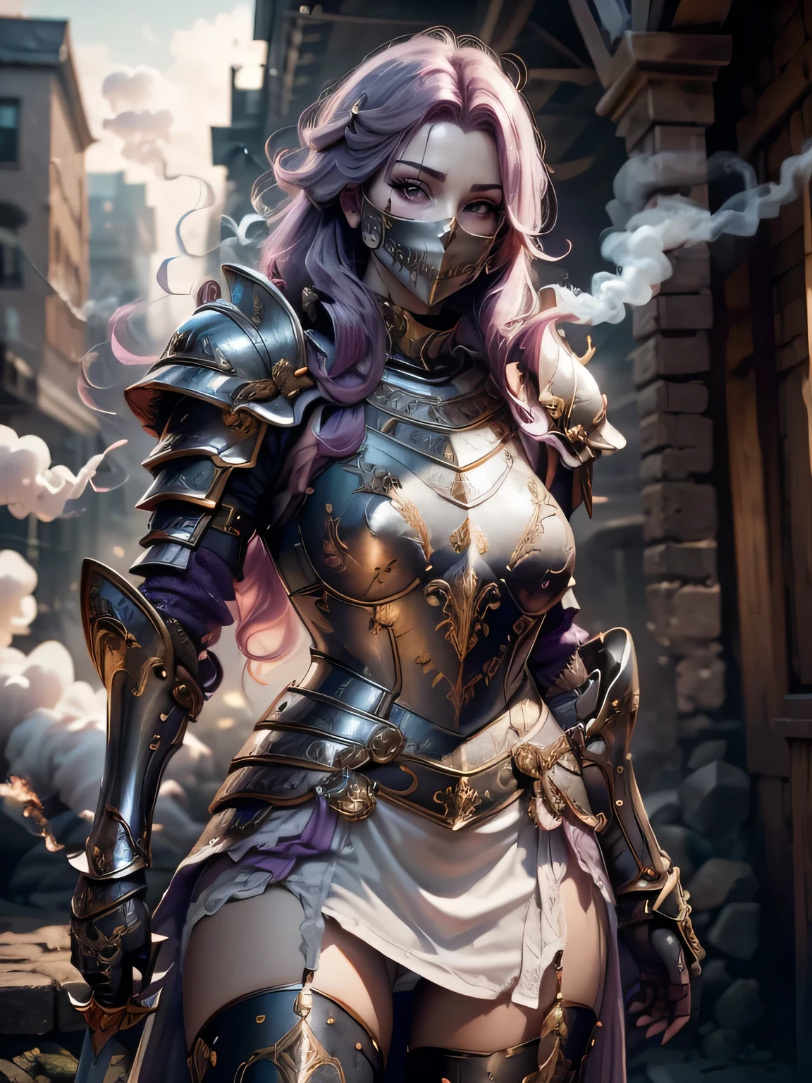 (Masterpiece, Superb Detail, Super Detailed, High Resolution), Male Focus, (((Female Armor))), (((Armor Dress Set))), (((Skull Mask))), (She Has Long Purple Hair, Medium Breasts, Slim, perfect body, beautiful face), look at viewer, (((white panty))), (((holding smoke sword))), City Ruins, Background Details, Solo