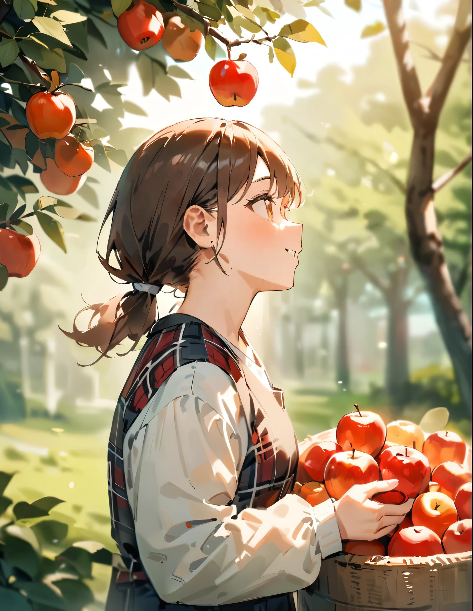 masterpiece, best quality, very aesthetic, absurdres, newest, 1girl, solo, low ponytail, brown eyes, brown hair, straw hat, tartan plaid shirt, long sleeves, little smiling, holding, upper body, outdoors, parted lips, food, day, blurry, from side, tree, fruit, depth of field, blurry background, leaf, sunlight, holding food, looking up, apple, branch, holding fruit