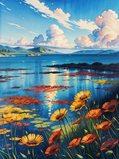 a painting of red and yellow flowers in front of a body of water, blue sky, cloudy, a pointillism painting, poppies, detailed wa...