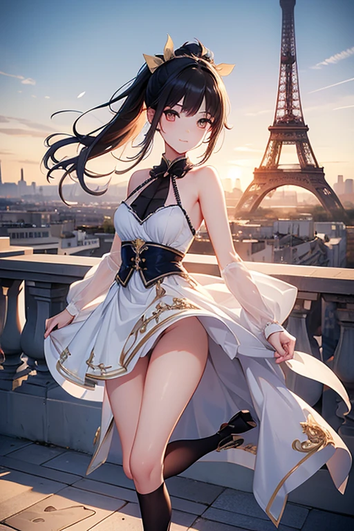 A captivating scene featuring a beautiful anime-style girl with distinctive facial features, With the Eiffel Tower in the French Wonderland in the background. The girl has her black hair in a ponytail, single eyelid, Hooded, humid, Deep Set, Striking, deep orange, captivating eyes. Her face turns into a gentle smile. Age is 12 years old. legs are very thin. Thin thighs. Small hips. she、She will be wearing a traditional French feminine dress adorned with an intricate and pretty design and a feminine mini skirt.。.The skirt is too short to cover the pants.、Underneath she wears some very seductive underwear to show off to everyone.、Because my breasts are small, the fabric falls forward and my breasts spill out.、 The French cityscape is depicted in the background.、On the roof. Capture the action as if she is jumping around playfully.。Performance Dance Action Skills, Added bell-up moves and session scenes. By combining these elements、The result is a masterpiece of exceptional quality.。. Bast size is very small.((Very small breasts. ))