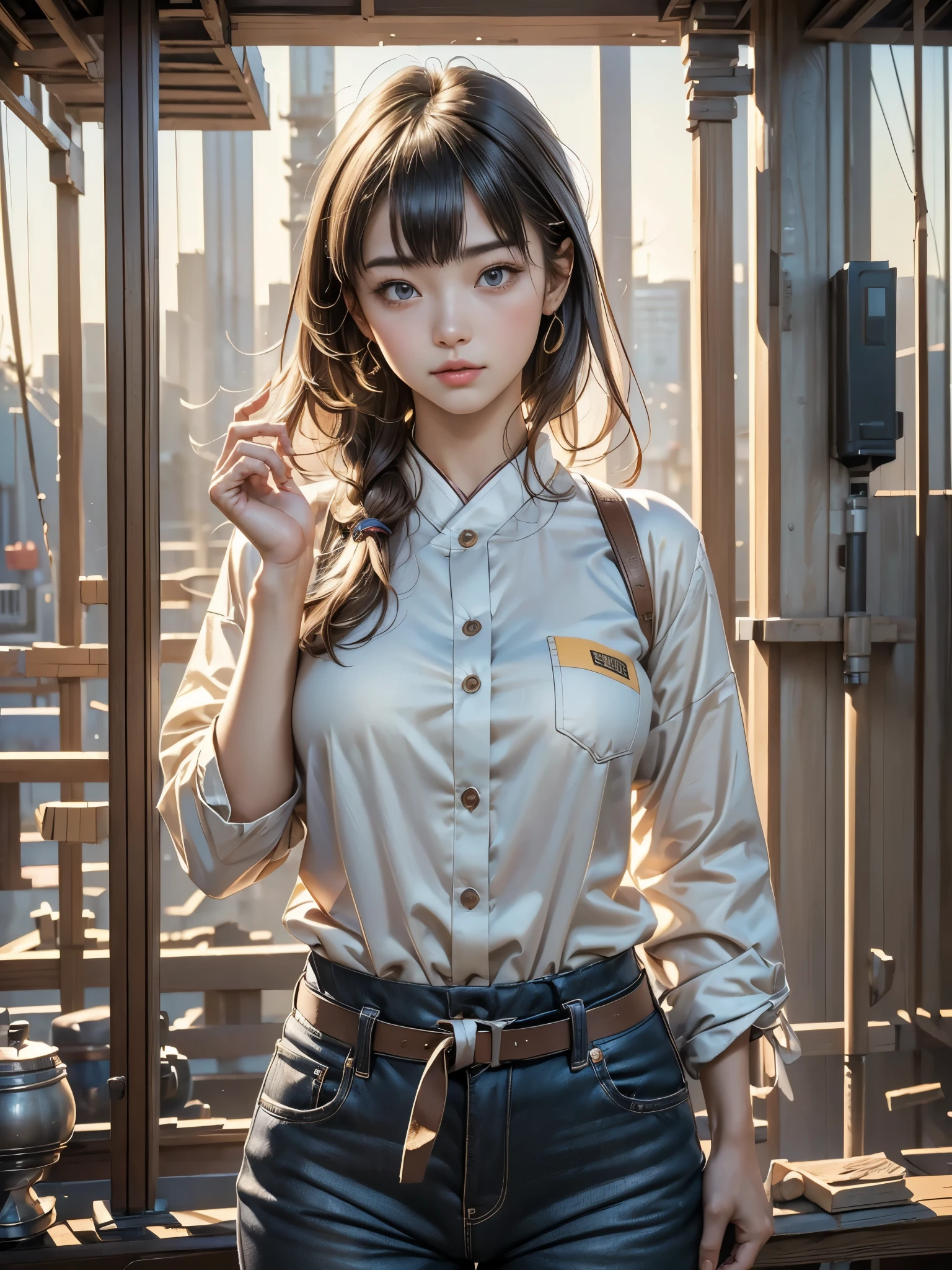 (highest quality,masterpiece:1.3,Ultra-high resolution),(Very detailed,8k), (Realistic:1.4, RAW shooting),((sfw: 1.4)),((detailed face, professional photography)), ((sfw, construction worker outfit, pulled back hair, 1 Girl)), Ultra High Resolution, (Realistic: 1.4), RAW Photo, Best Quality, (Photorealistic Stick), Focus, Soft Light, ((88 years old)), ((Japanese)), (( (young face))), (surface), (depth of field), masterpiece, (realistic), woman, bangs, ((1 girl))、(((Anatomically correct)))、（Perfect Body Proportions)、(Natural Hands、Natural Fingers、Natural Legs)