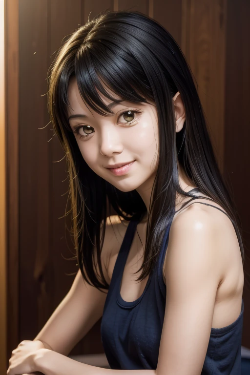 seductive smile, masterpiece, mieruko, miko yotsuya, wearing black tanktop, armpits, armpits visible, dark blue hair, yellow eyes