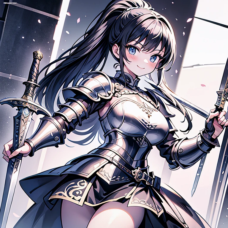 Highest quality,masterpiece,monochrome,Lineart,single color,Create a detailed coloring page of a beautiful fantasy girl with ponytail hairstyle. She is dressed in ornate knight armor and holding a large, elegant sword.She is wearing a sexy suit of armor.She is smiling,She is wearing a miniskirt,She is a warrior,She is wearing armor,single color,Using only white