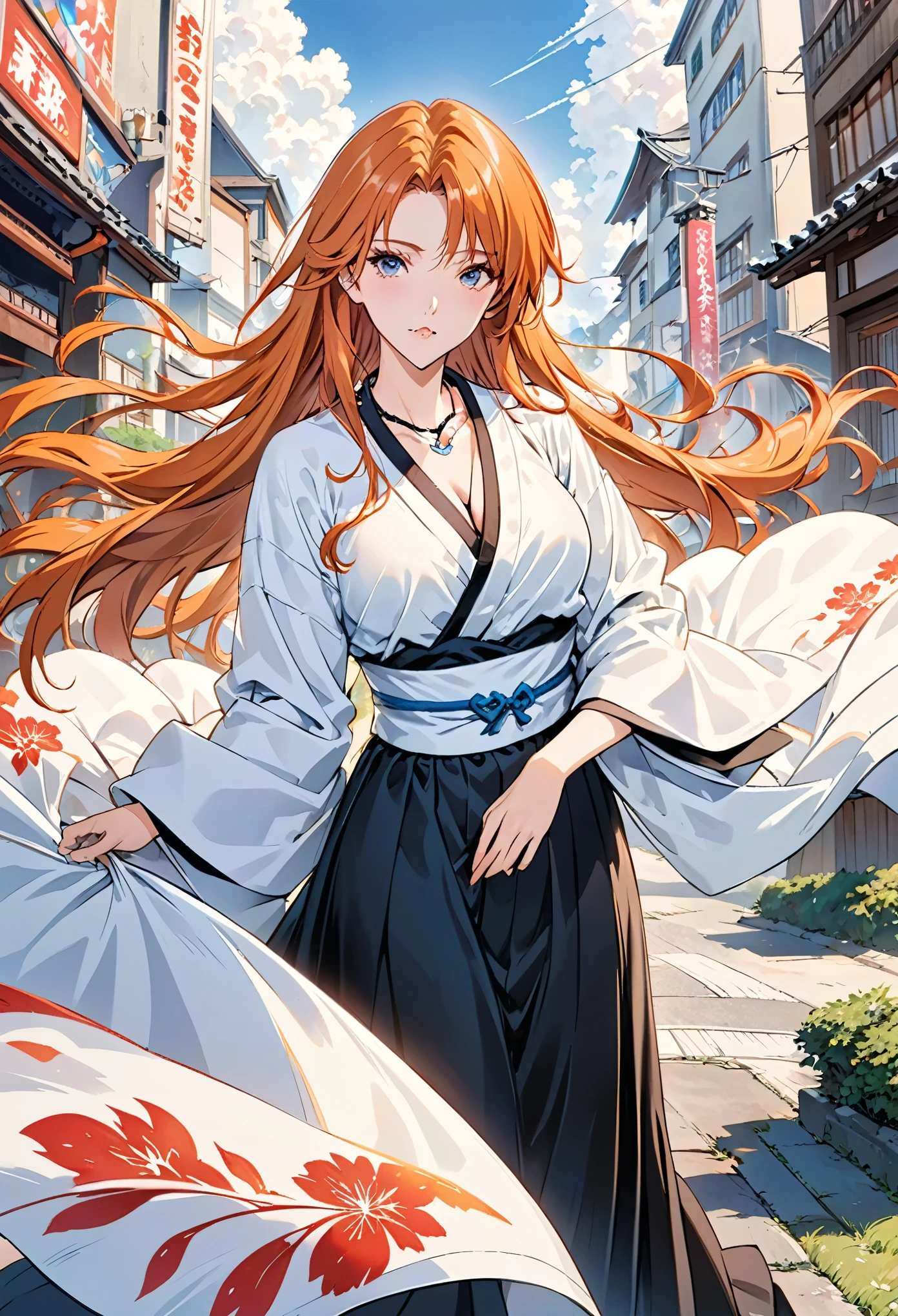 Anime girl with long red hair and white kimono walking down a street -  SeaArt AI