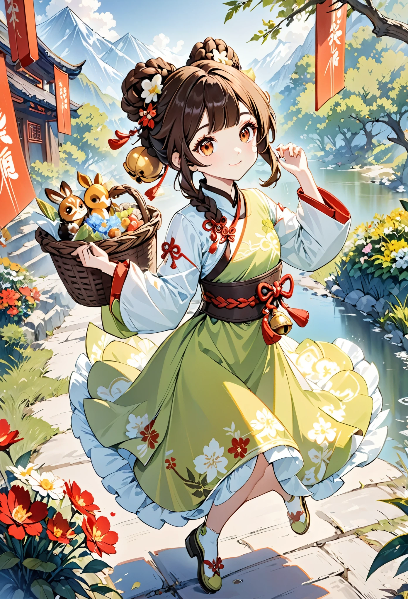 Yaoyao_(genshin_impact),
Yaoyao (genshin impact),
1girl,bell,hair ornament,smile,bangs,basket,brown hair,braid,looking at viewer,chinese clothes,long sleeves,dress,blunt bangs,jingle bell,sidelocks,solo,brown eyes,orange eyes,hair bell,
A shot with tension,(Visual impact,giving the poster a dynamic and visually striking appearance:1.2),impactful picture,(full body:1.3),
(masterpiece, best quality:1.2),offcial art,colorful,splash of color,movie perspective,advertising style,magazine cover,