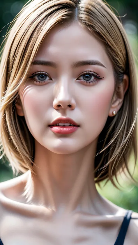 Realism, Realistic, (ultra  realistic details:  velvety skin, blonde short slicked to the side hair,  symmetrical lips, light gl...
