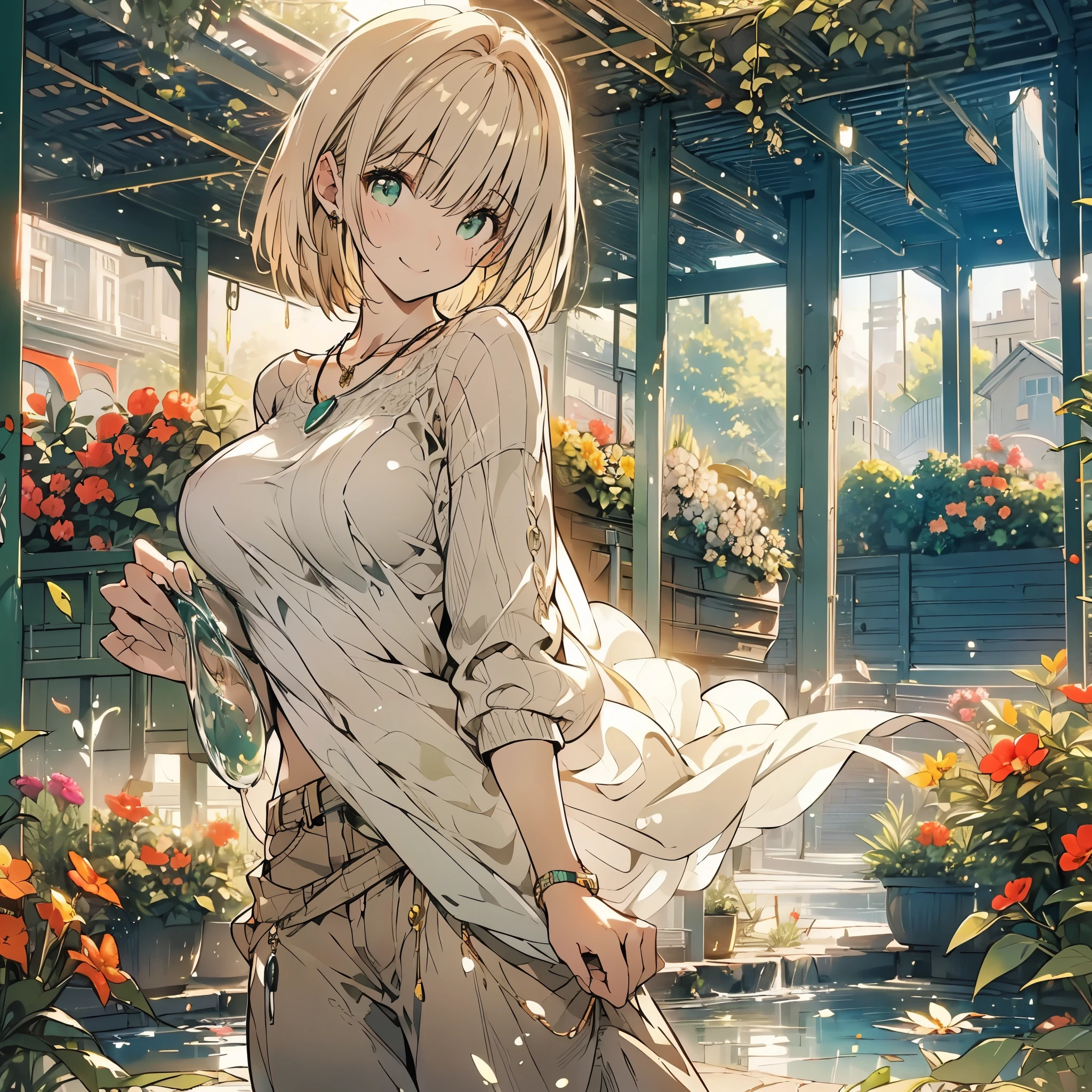 ((Fantasy　Beige Hair　Short Bob　White knit　Green Necklace　Large Breasts))　((Flower Garden　Bathed in light　Splash　sun　Peaceful scenery))　(smile　Flowing hair　Open your eyes a little)　Denim pants　Small Bag　Stylish　Beauty　Shining Edge