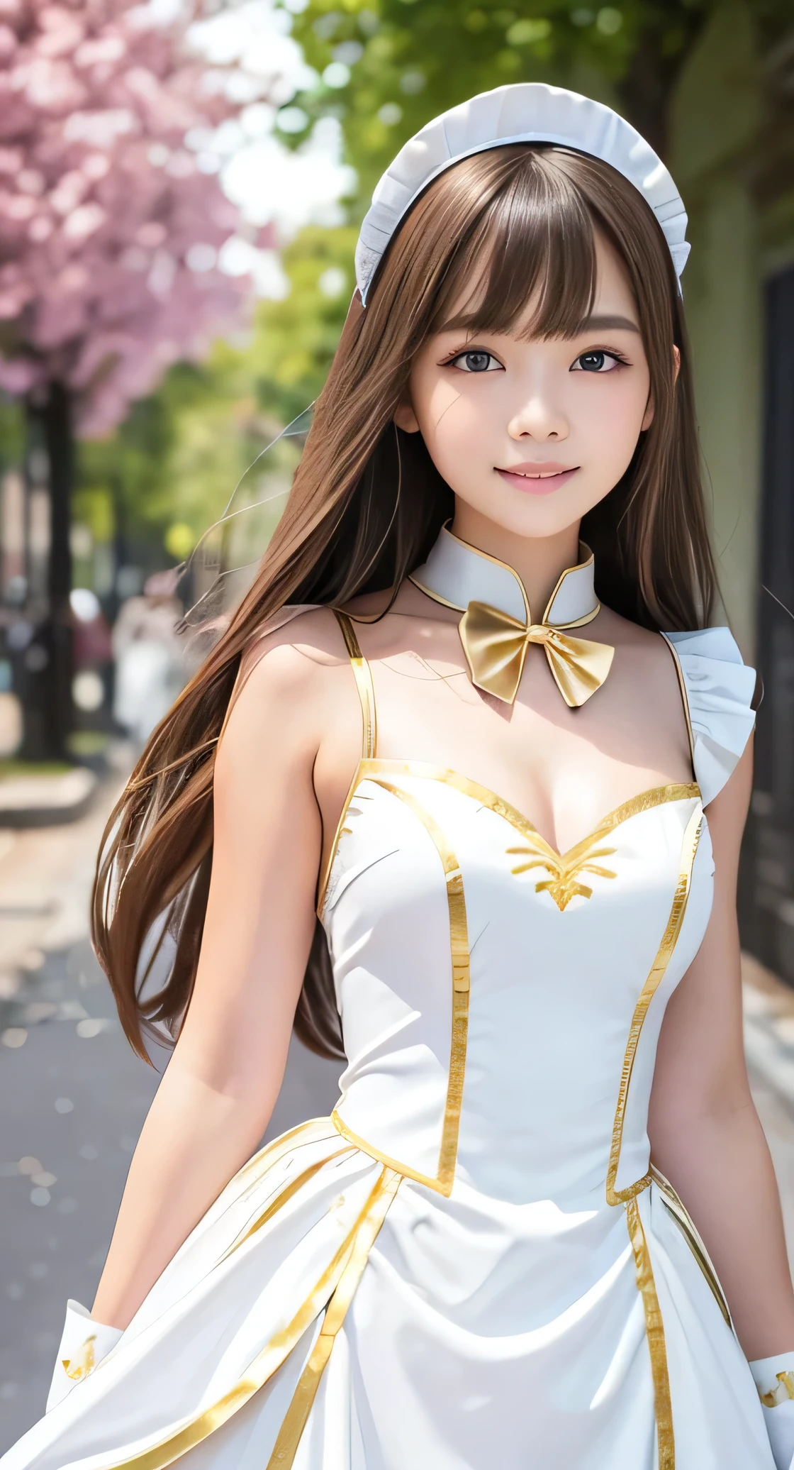 Angelic very beautiful cute young girl,
Beautiful detailed eyes, (14 yo:1.2),
Detailed double eyelids,
(Soft Saturation: 1.3), 
(Fair skin: 1.3),v-line jaw,
(Large eyes:1.4),
Long straight brown hair, 
see-through bangs,
Sharp Focus,
beautiful detailed face and eyes, 
drooping eyes,
small straight nose,
small mouth, 
happy smiling with visible teeth, 85mm lens, F/8.0,BREAK (Super shiny white and metallic gold maid costume :1.3),Walking,Brown hair ,(Costumes with strong reflective surfaces:1.3),
(Best Quality:1.2),(Maid costume:1.5),
Raw photo, 
High resolution, 
perfect  detail, 
Professional Photography, 
Professional Lighting,
Powerful lighting of the costume,In the street