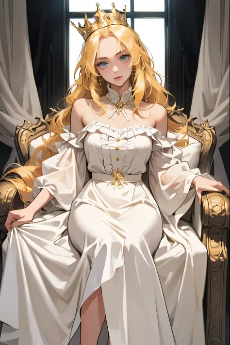 (masterpiece, highest quality), 1 girl, alone, (queen:1.15), golden hair, long hair, curtain, white dress, queen&#39;s dress, au...