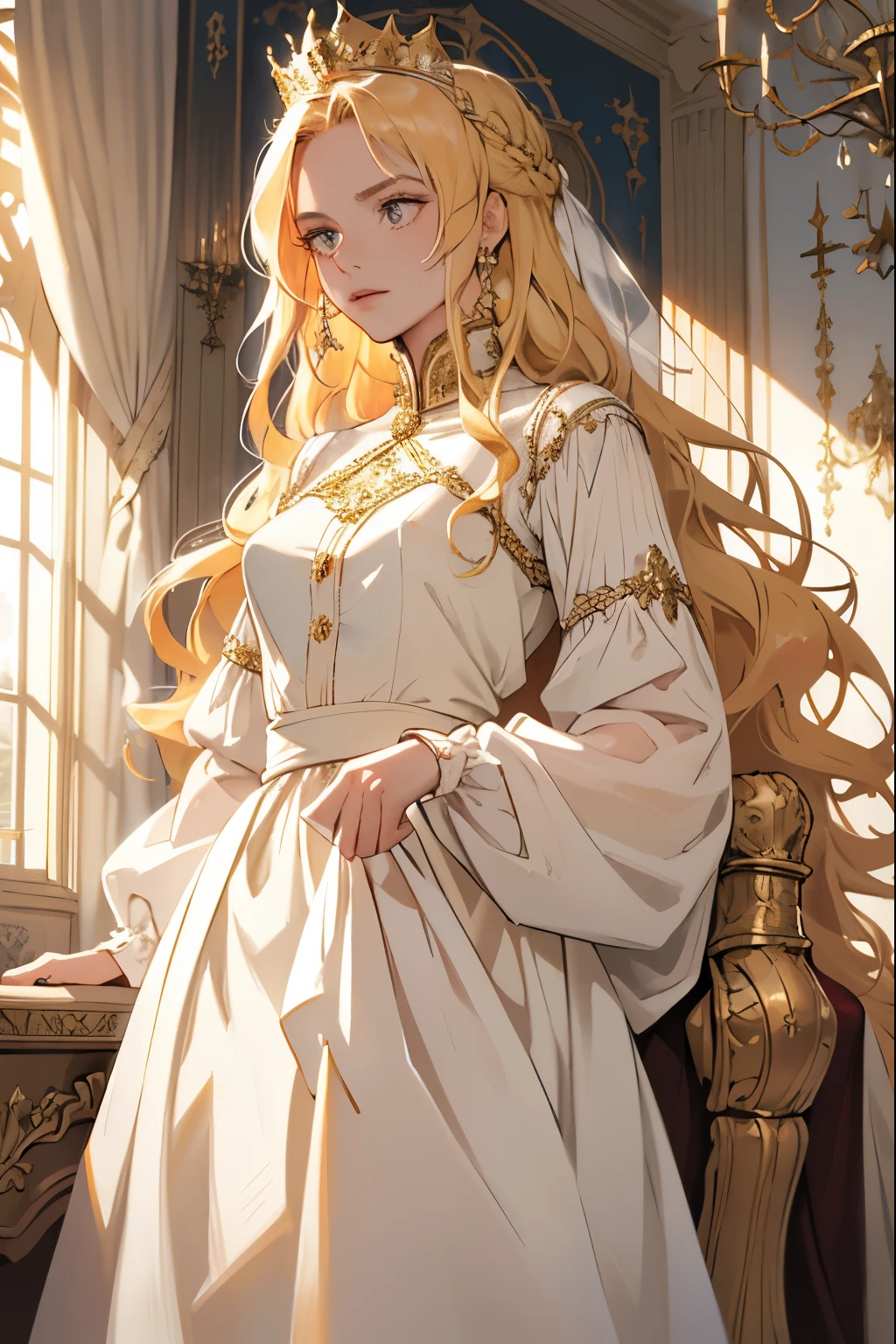 (masterpiece, highest quality), 1 Girl, alone, (Queen:1.15), Golden Hair, Long Hair, curtain, White Dress, Queen&#39;s Dress, Aurora, (sunlight, null, river, forest), Expressionless, Red eyes, (Art Nouveau:1.2), Alphonse Mucha, tiara, (Face focus, Upper Body), (Red Throne:1.12), Very intricate details, Realistic Light, smile