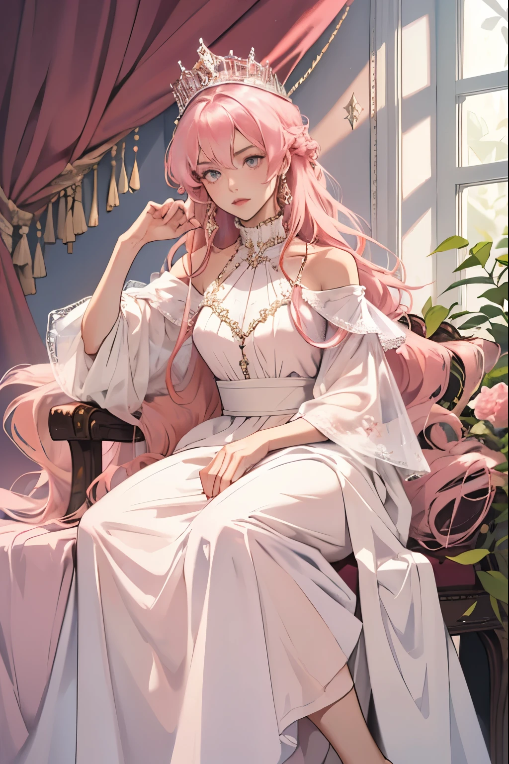 (masterpiece, highest quality), 1 Girl, alone, (Queen:1.15), Pink Hair, Long Hair, curtain, White Dress, Queen&#39;s Dress, Aurora, (sunlight, null, river, forest), Expressionless, Red eyes, (Art Nouveau:1.2), Alphonse Mucha, tiara, (Face focus, Upper Body), (Red Throne:1.12), Very intricate details, Realistic Light, smile