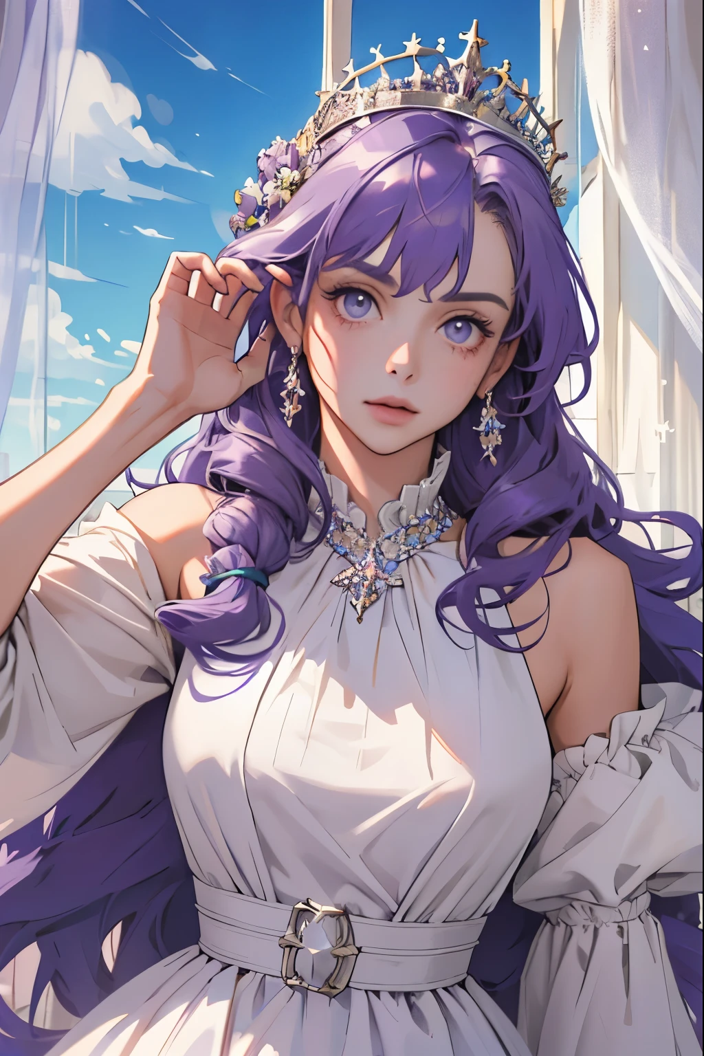 (masterpiece, highest quality), 1 Girl, alone, (Queen:1.15), Purple Hair, Long Hair, curtain, White Dress, Queen&#39;s Dress, Aurora, (sunlight, null, river, forest), Expressionless, Red eyes, (Art Nouveau:1.2), Alphonse Mucha, tiara, (Face focus, Upper Body), (Red Throne:1.12), Very intricate details, Realistic Light, smile