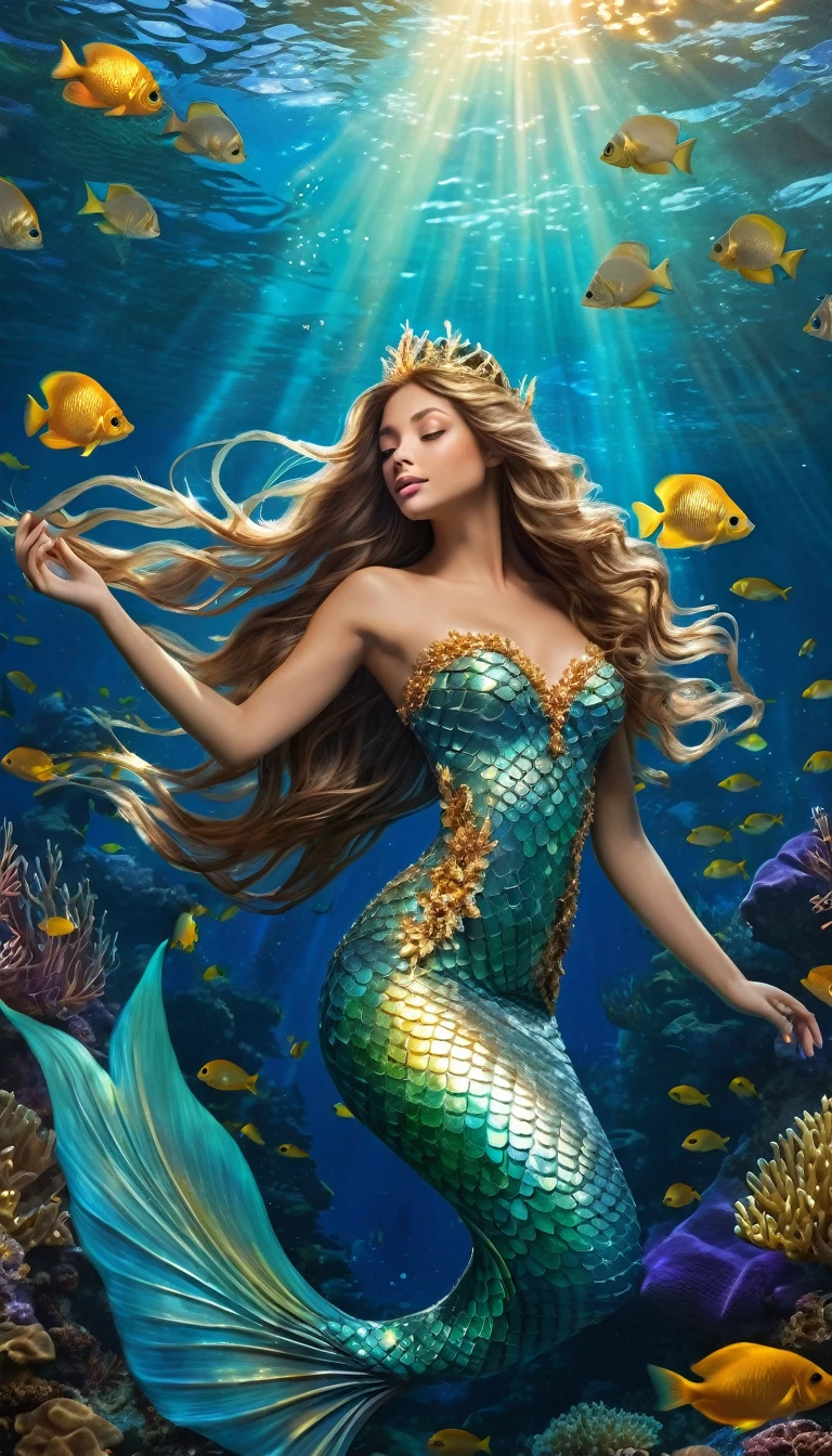 a beautiful mermaid princess, long flowing hair, detailed face features, luminous scales, underwater scene, coral reef, schools of tropical fish, shafts of sunlight, golden crown, flowing gown, serene expression, photorealistic, highly detailed, intricate, cinematic lighting, vivid colors, fantasy art