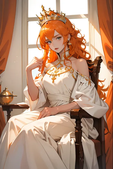 (masterpiece, highest quality), 1 girl, alone, (queen:1.15), orange hair, long hair, curtain, white dress, queen&#39;s dress, au...