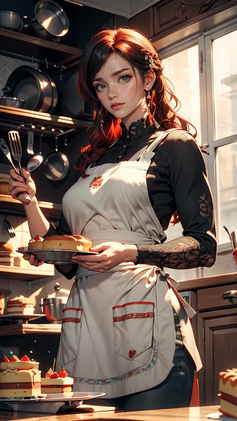 woman with tattoos, (([red|black] hair)), long hair, wearing a black apron,  cooking, view the viewer, kitchen, cakes and pies o...